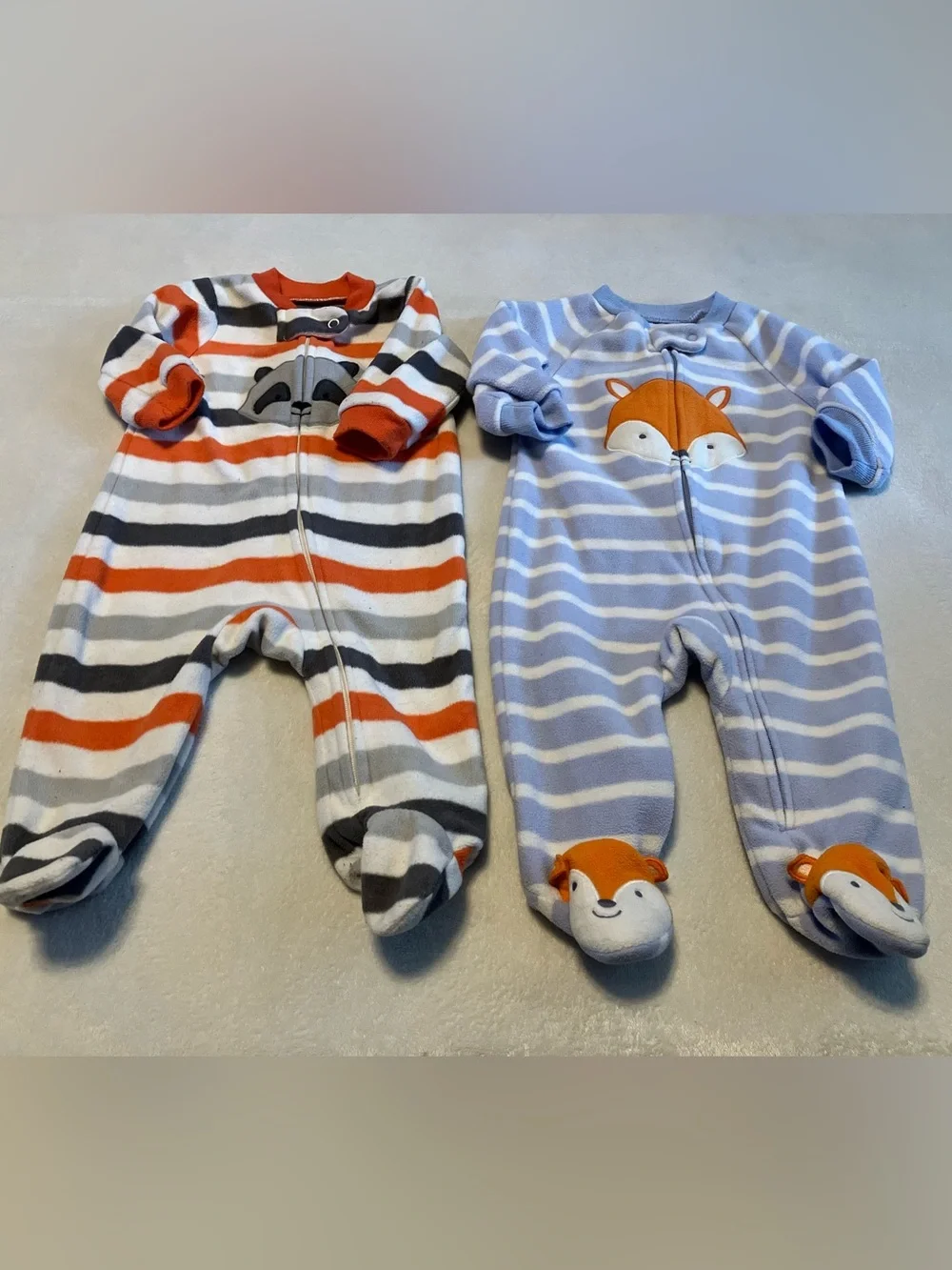Striped Footed Baby One-Piece with Fox and Raccoon- Blue & Orange
